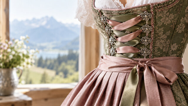 Traditional dirndl dress with scenic Alpine mountain view