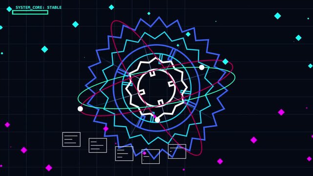 Abstract Digital Sun with Orbiting Planets and Data Grids on Dark Background