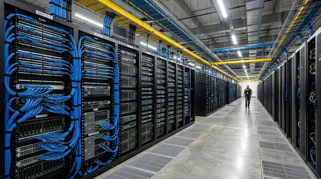 Technician walking through a modern data center aisle with server racks and blue network cables