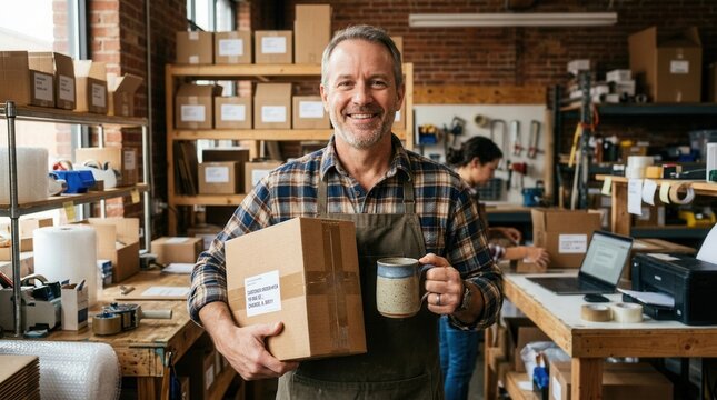 Happy small business owner holding a package and coffee mug in a workshop filled with shelves of boxes.