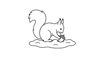 Fototapeta premium Hand-drawn squirrel burying acorn in winter snow patch, cute woodland creature line art vector icon illustration - professional high resolution commercial stock detailed commercial stock imagery