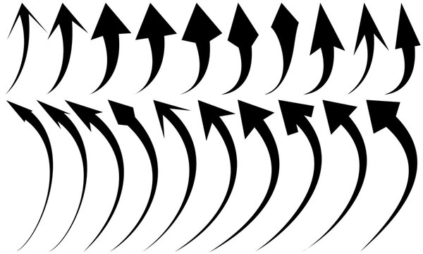 Design of curved arrow shapes, turn signs, growth signs and direction signs with different arrowhead shapes, flat isolated on white background, vector