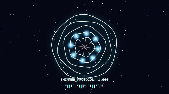 Abstract Digital Interface with Glowing Geometric Shapes and Data Visualization on Dark Background