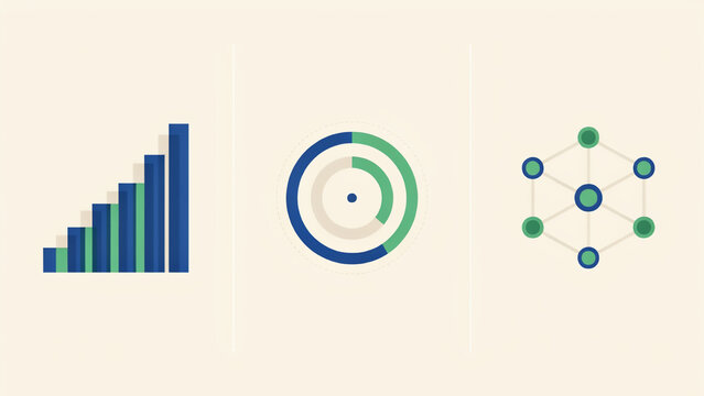 Business data visualization icons with bar chart circular diagram and network node connection