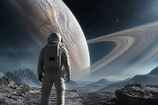 An astronaut stands on a desolate planetary surface gazing at a massive planet and swirling rings in space.
