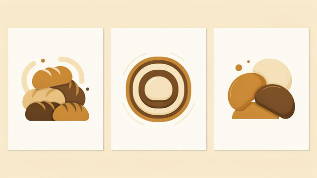 Collection of fresh bread loaves and bakery icons in warm brown tones on beige
