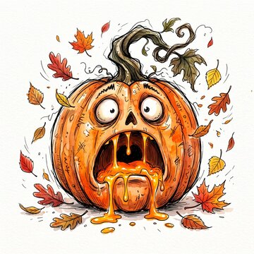 A startled cartoon pumpkin with melting orange goo dripping from its open mouth surrounded by leaves with surprised expression orange
