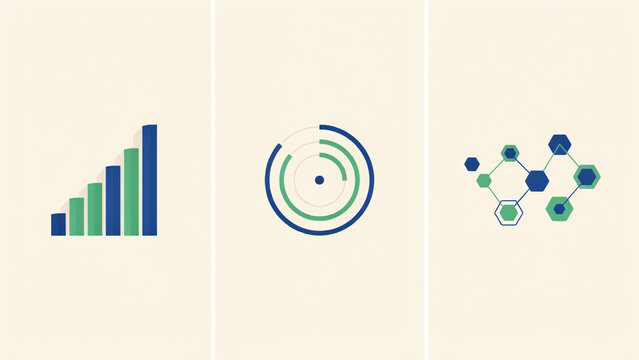 Data analysis icons featuring bar chart circular radar and hexagonal network connection nodes