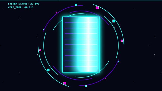 Glowing Digital Interface with Futuristic Data Display and Abstract Energy Rings