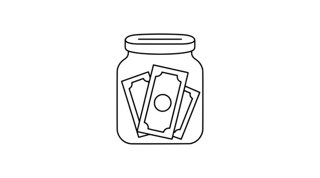 Hand-drawn tip jar icon with paper money bills inside. Simple black and white line art illustration of a glass jar filled with cash donations and tips. Minimalist vector symbol for tipping, gratuity