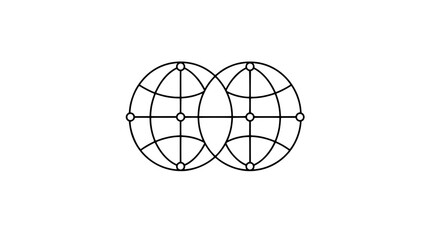 Obraz premium Minimalist black and white hand-drawn vector illustration showing two interlocking circles with internal nodes and curved pathways forming a symmetrical network design representing connectivity and