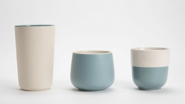 Three ceramic cups with different shapes and blue and white color schemes on white background