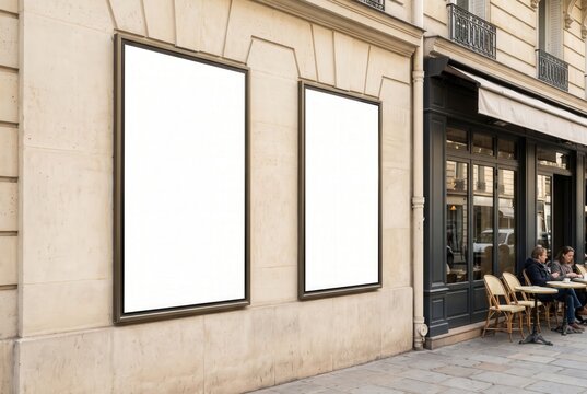 Two large, blank vertical poster mockups in dark metal frames mounted on a classic Parisian stone building fa&ccedil;ade next to a sidewalk cafe with customers dining.