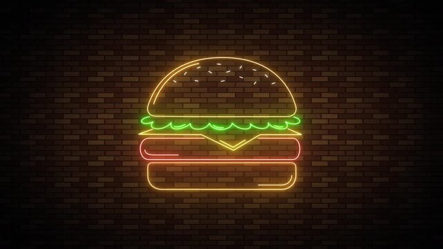 Neon burger sign flickering on brick wall background with vibrant glowing lines animation for fast food restaurant advertisement.