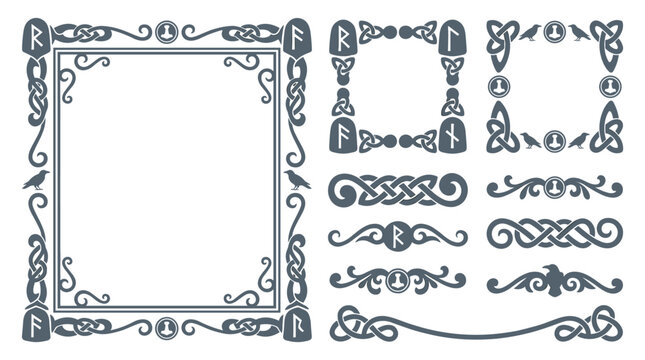 set of intricate celtic frames and ornate dividers featuring norse knotwork, viking runes, scrollwork motifs, historical decorative border elements