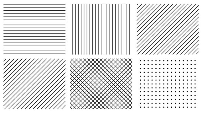 Set of six technical cad hatch patterns with black parallel lines, grid textures, and diagonal shading elements for architectural drafting and