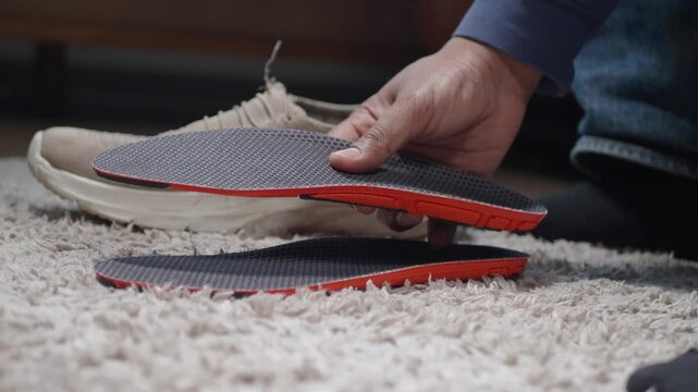 Man holding orthopedic insoles for comfort and support next to a shoe