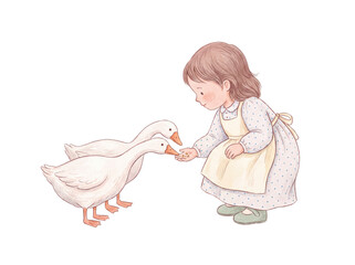 Little girl in apron feeding two white geese with grains outdoors © Ladislav