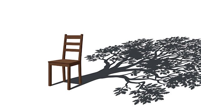 Wooden chair casting the shadow of a majestic tree, illustrating the power of imagination and the hidden depths of everyday objects