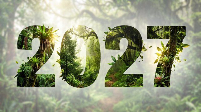 2027 New Year greeting with numbers filled with lush tropical rainforest foliage background.