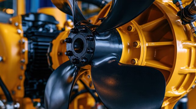 Close-up of a powerful industrial marine thruster with black propeller and yellow casing