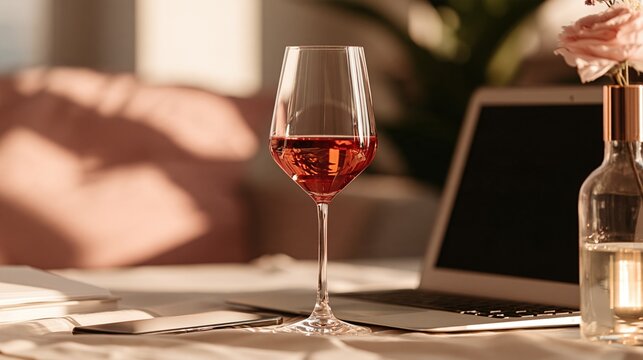 Elegant glass of rose wine on desk with laptop and soft natural light, perfect for lifestyle and business content