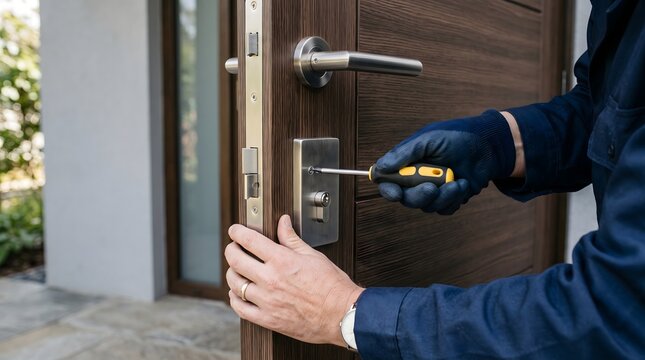 Professional locksmith installing a new door lock on a modern wooden entrance