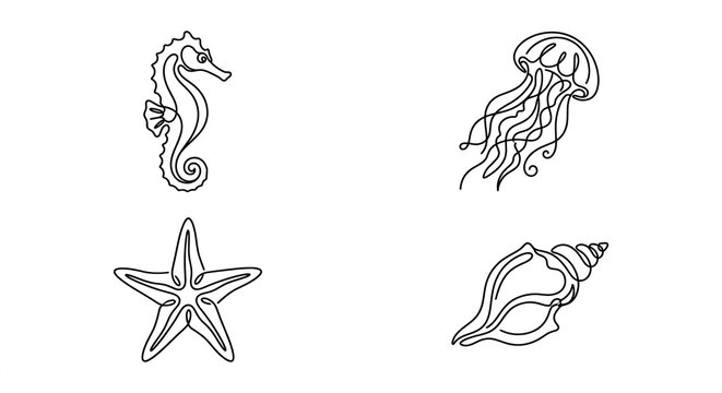 Minimalist continuous line marine life icons