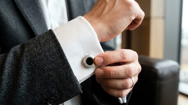 Close-up of a Professional Businessman Adjusting Silver Cufflinks on a White Dress Shirt Sleeve
