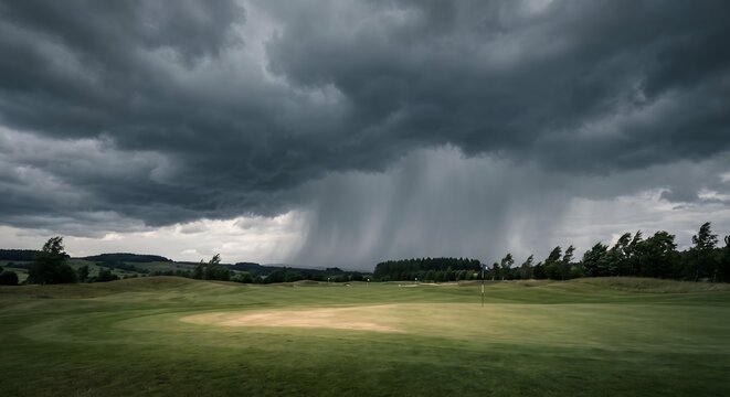 Dramatic wide photograph of dark heavy rain clouds rolling in over a golf course fairway, a distinct wall of grey rain visible falling in the middle distance.