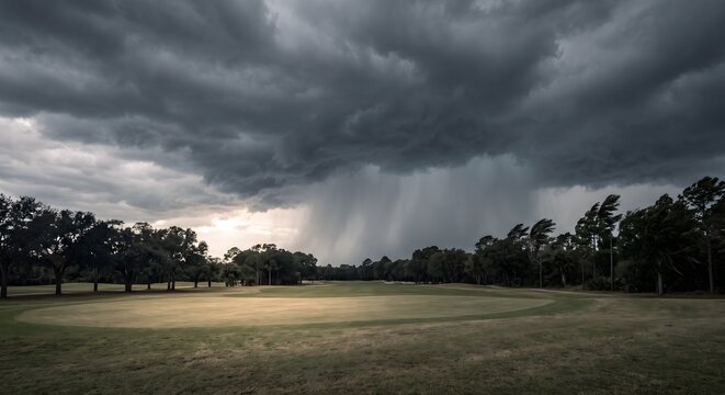 Dramatic wide photograph of dark heavy rain clouds rolling in over a golf course fairway, a distinct wall of grey rain visible falling in the middle distance.