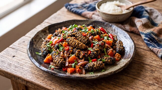 Traditional Madora Mopane Worms Stir-Fried with Tomato Onion and Chili on Rustic Plate