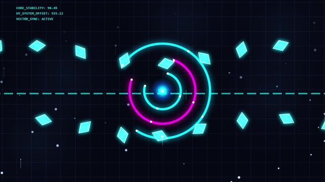 Futuristic Digital Interface with Neon Orbiting Rings and Geometric Shapes on Grid