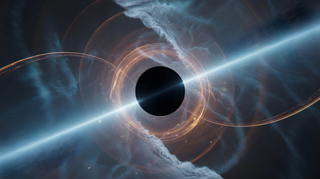 Cinematic black hole event horizon with glowing blue and orange accretion disk in deep space