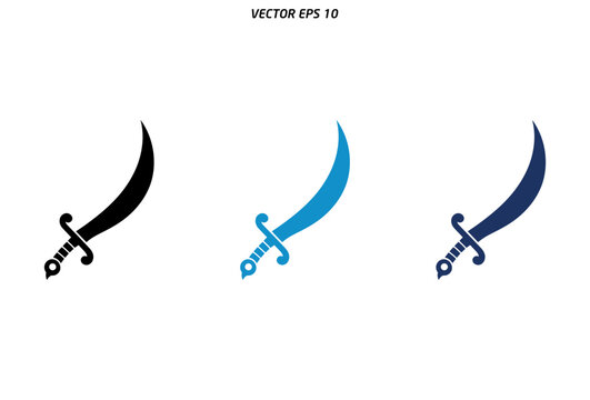 Set of curved scimitar sword icons in black and blue colors.