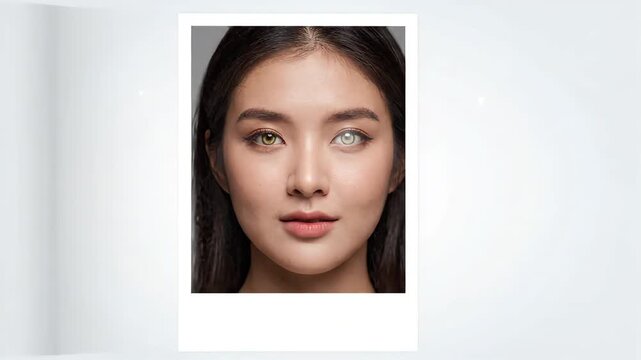 young woman&rsquo;s portrait is being edited in digital software interface featuring overlay icons of bandage and warning signs against clean minimalist light grey studio background