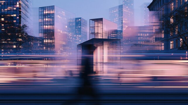 Blurred motion of modern city skyline at dusk with glowing lights and abstract architectural forms