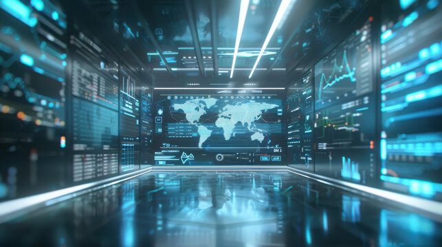 Futuristic digital command center with glowing world map data visualization