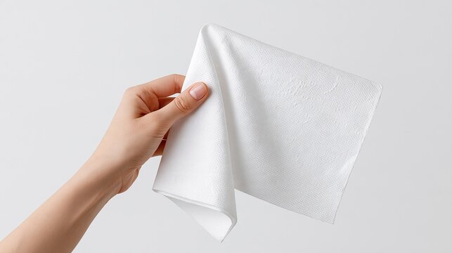 Hand holding a soft white disposable cleaning wipe for hygiene and sanitization against a plain background