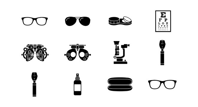 Optometry Icons Set: Vision Care, Eye Exam Tools, Spectacle Collection