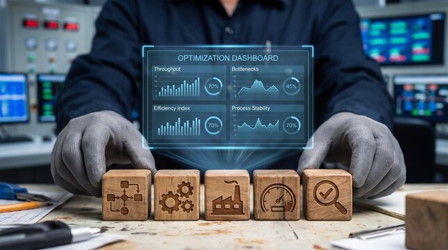 Industrial optimization dashboard with digital data visualization and wooden blocks with icons representing manufacturing process