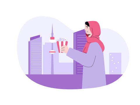 A woman in a pink hijab holding a container of popcorn against a city background. Doha illustrations. Flat vector concepts