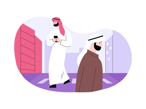 A man in traditional Arab attire walking on a purple-toned city street. Doha illustrations. Flat vector concepts