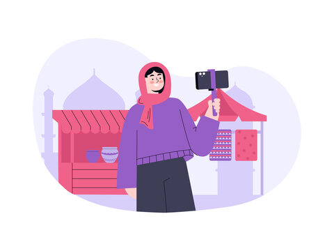 A woman wearing a hijab is taking a selfie or recording a video. Doha illustrations. Flat vector concepts