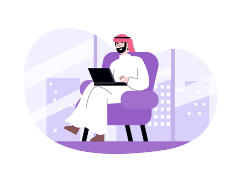 An Arab man wearing traditional attire and working on a laptop while sitting in a purple armchair. Doha illustrations. Flat vector concepts