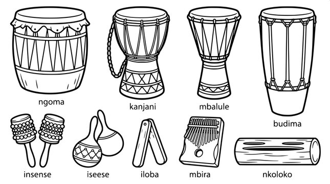 African Drums and Percussion Instruments Outline Icon Set