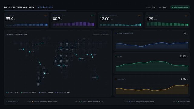 Digital infrastructure monitoring dashboard displaying server network data