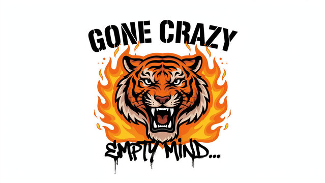 Graphic illustration of a roaring tiger head surrounded by orange fire flames with bold text on a white background with framed bright orange open mouth framed