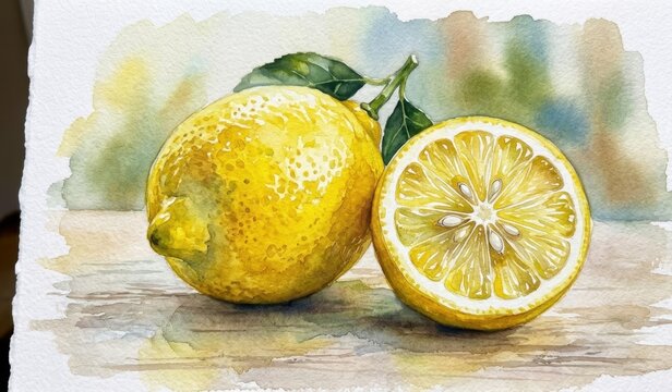 Lemon yellow fruit citric slice realistic watercolor art painting concept illustration