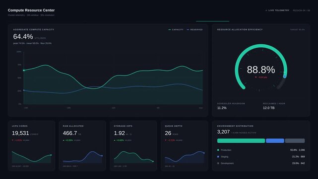 Digital data dashboard displaying server performance metrics on screen